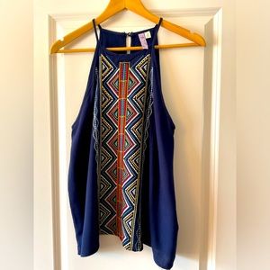 Alta top embroidered pattern on navy blue.  Bundle any three top for $10.